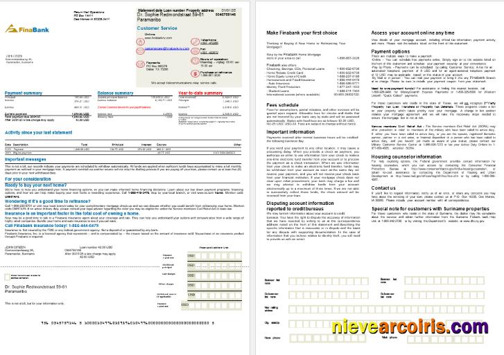 Suriname Finabank bank mortgage statement, 2 pages